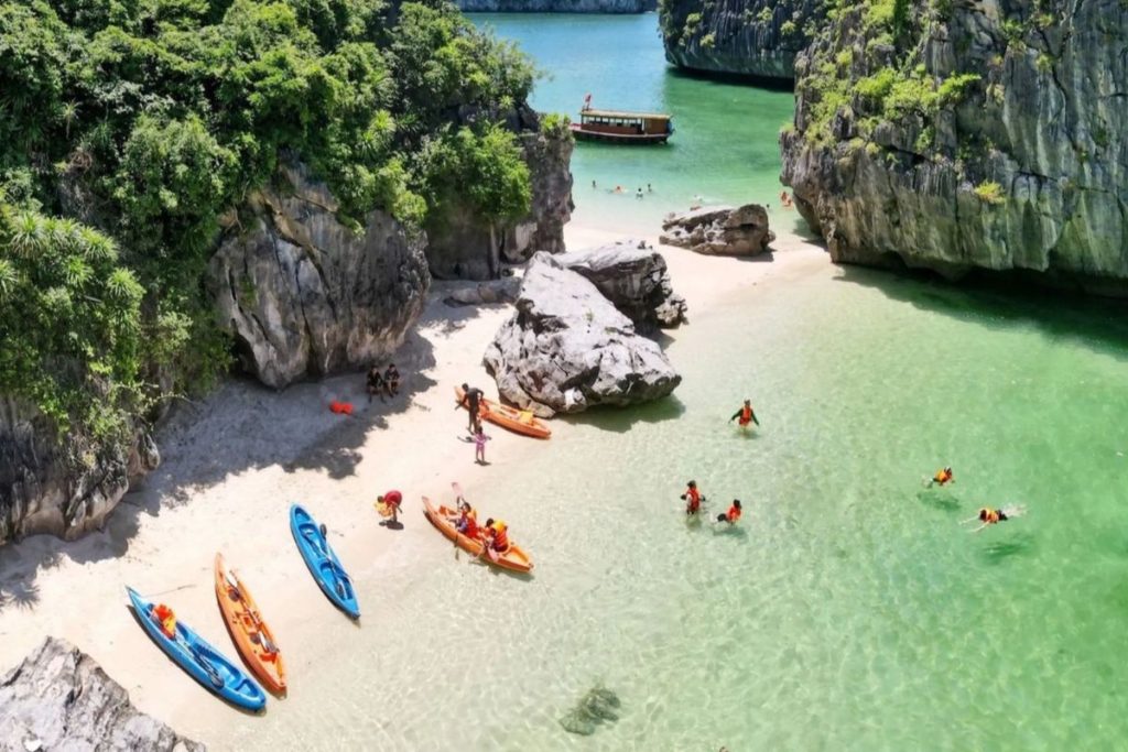 Kayaks lined up on a small sandy cove with swimmers in clear green water