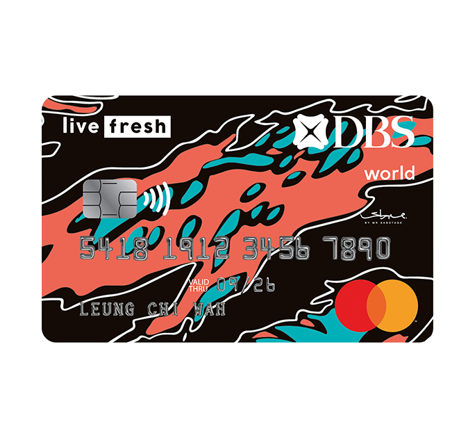 DBS live fresh World Mastercard with coral and teal abstract artwork
