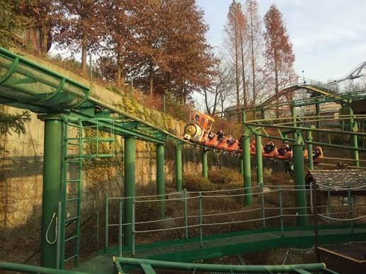 Orange junior coaster train running on green track through Everland's autumn woodland