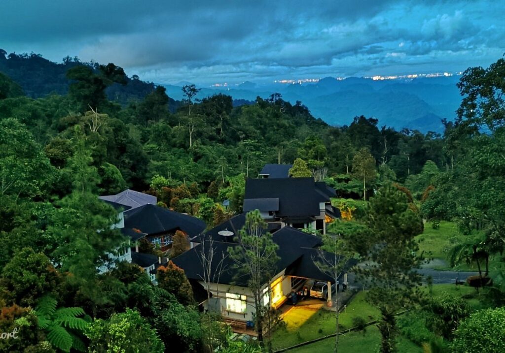 Dark-roofed lodges among forested hills at dusk with distant city lights on the horizon