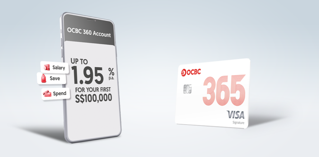 OCBC 365 Visa Signature card beside a phone showing OCBC 360 Account interest rates