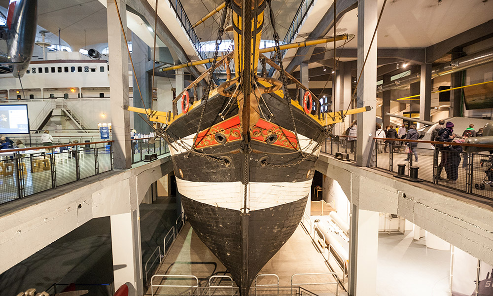 The historic Ebe sailing ship displayed inside Milan's Leonardo da Vinci science and technology museum