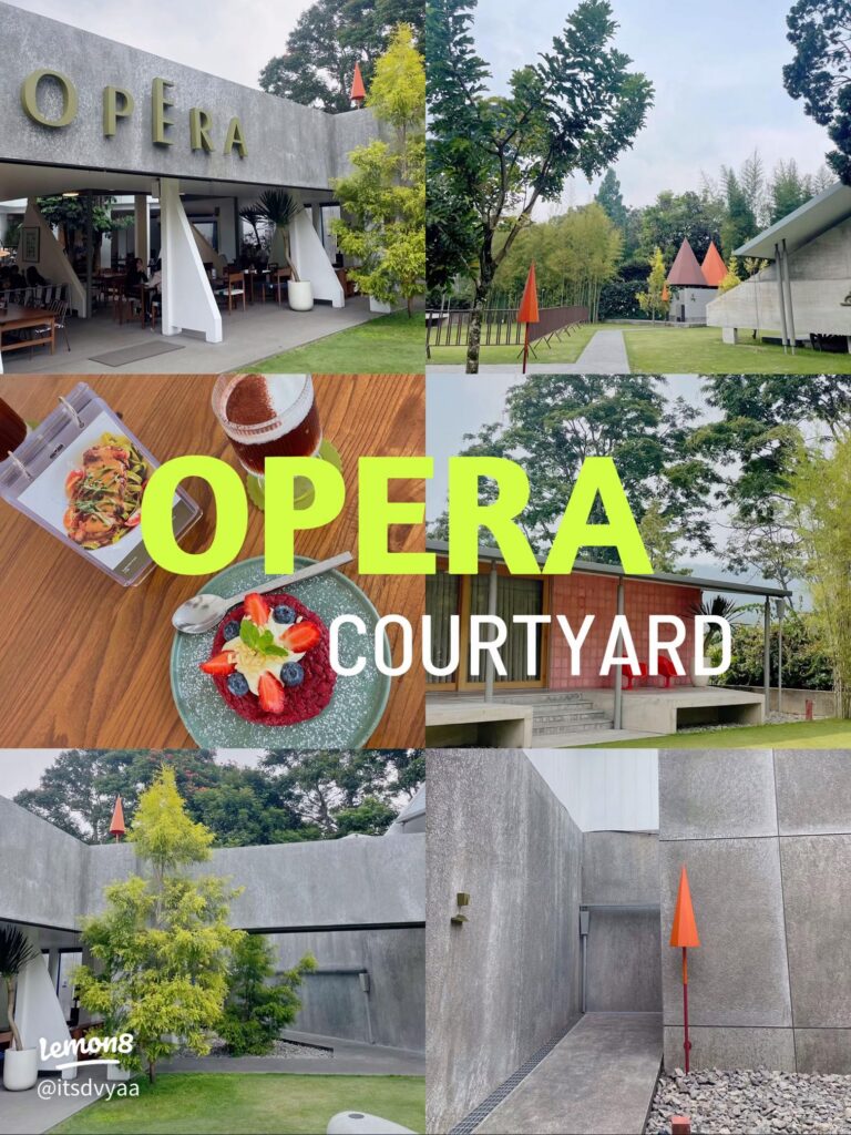 Opera Courtyard cafe in Bandung, showing its lawn, concrete architecture and plated food