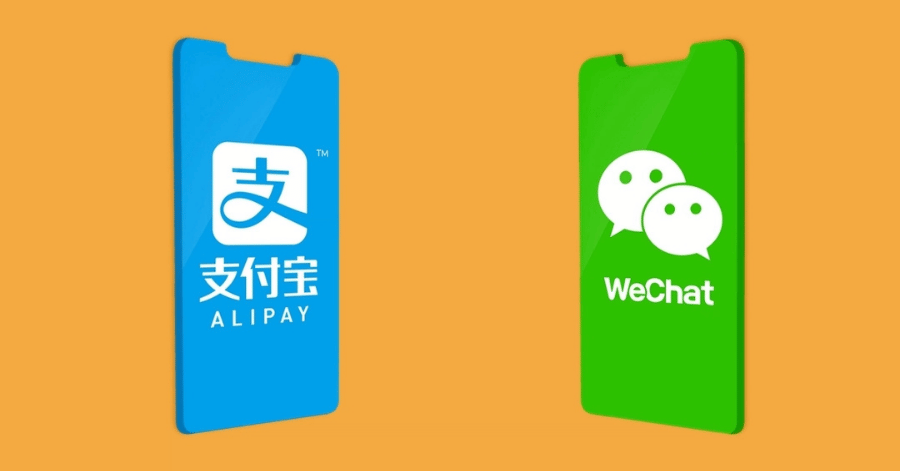 Two smartphones showing the Alipay and WeChat Pay logos on an orange background