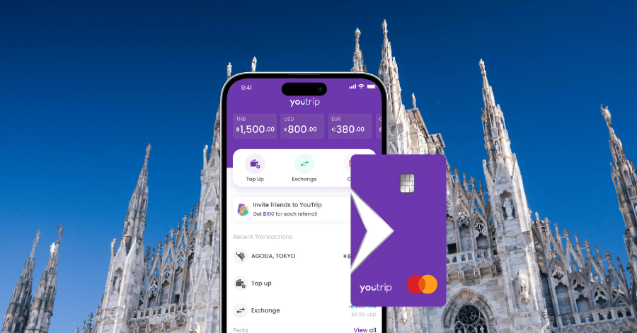 The YouTrip app showing multi-currency balances and the purple YouTrip card, with Milan's Duomo behind