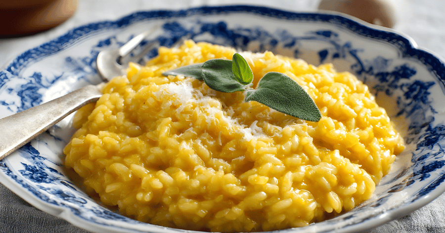 A plate of golden saffron risotto alla Milanese garnished with a sage leaf