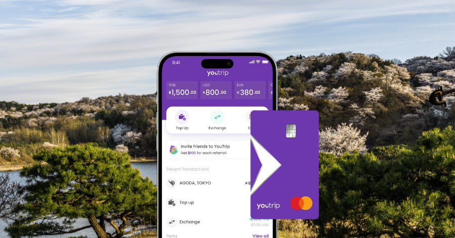YouTrip app showing multi-currency balances beside a purple YouTrip Mastercard