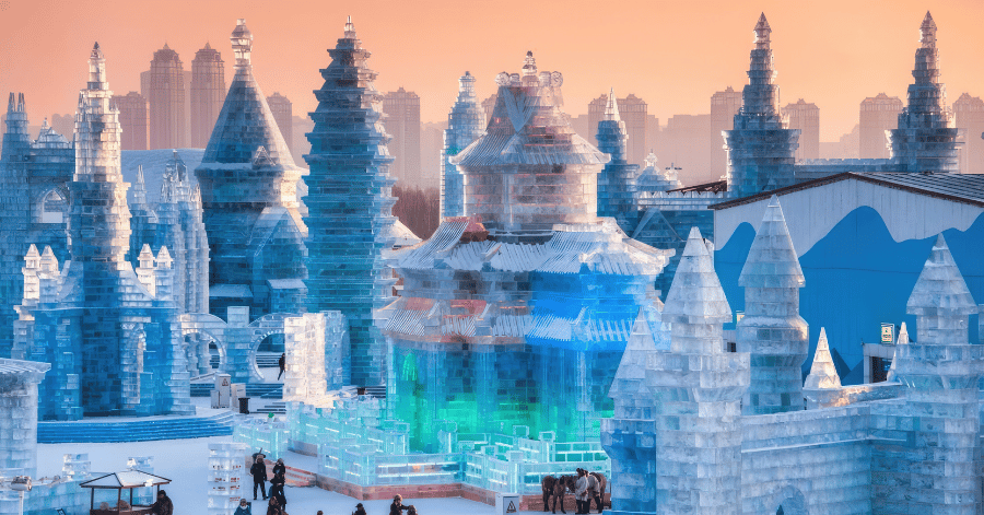 Blue-white ice palaces and towers at sunset with Harbin's city skyline behind
