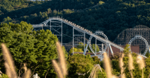 Everland's looping steel coaster and wooden coaster track running across a forested hillside