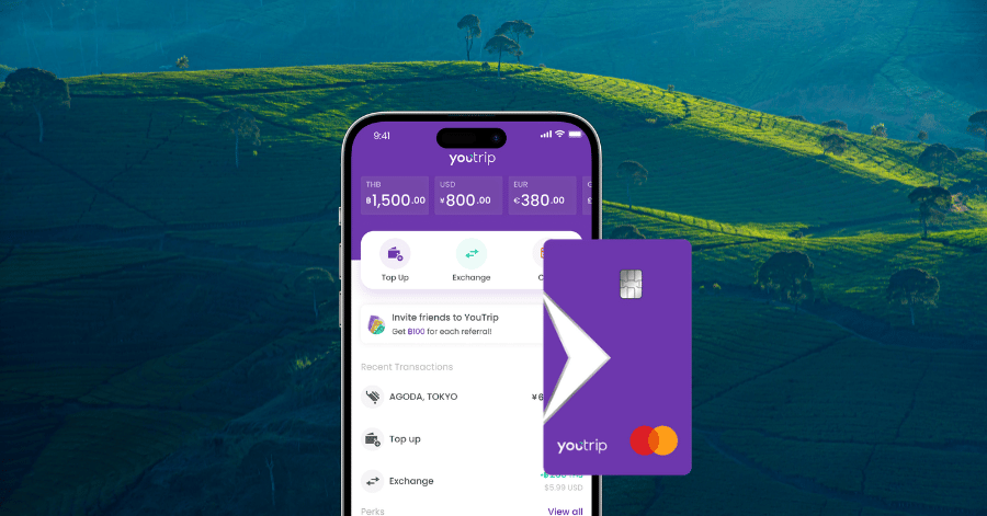 YouTrip app showing multi-currency balances beside a purple YouTrip Mastercard