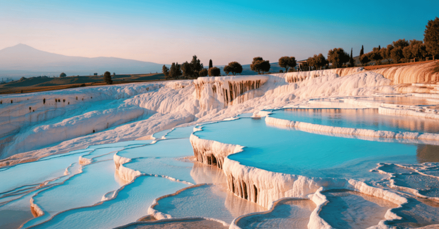 White travertine terraces filled with pale blue thermal pools at Pamukkale