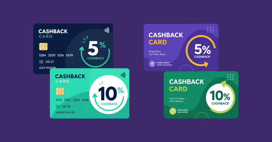 Illustration of four cashback credit cards showing 5% and 10% cashback rates