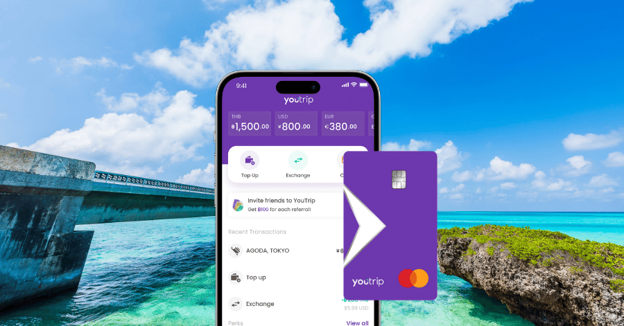 YouTrip app showing multi-currency wallet balances beside the purple YouTrip Mastercard