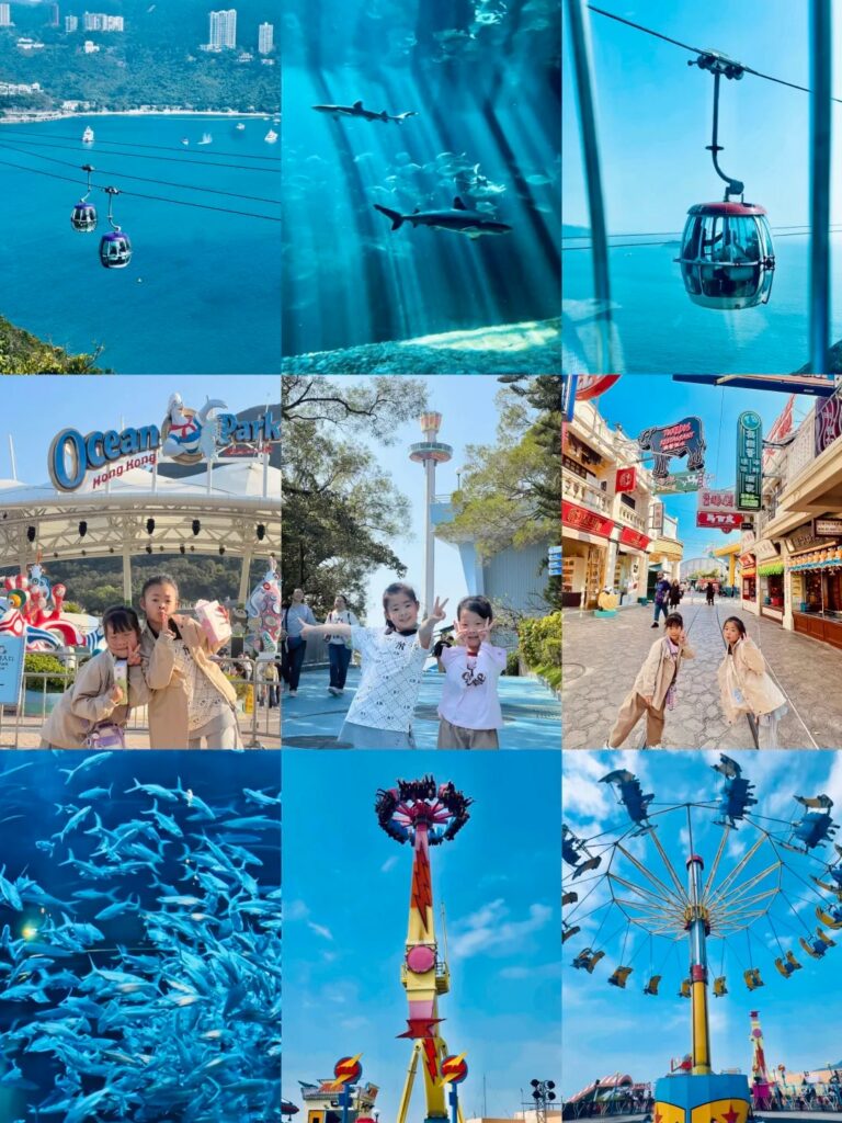 A nine-photo collage of a family day at Ocean Park: cable car, aquariums, rides and the entrance