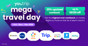 YouTrip Mega Travel Day banner: 25% upsized cashback and up to S$120 off on 1 Oct, 1 Nov and 1 Dec 2026 with Expedia, Booking.com, Klook, Trip.com, Agoda, Traveloka and KKday