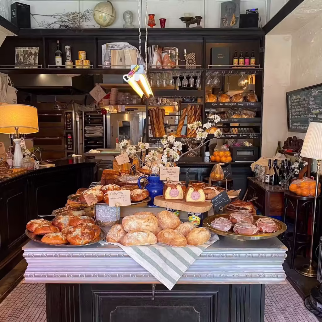 A bakery counter in Kobe stacked with breads and pastries