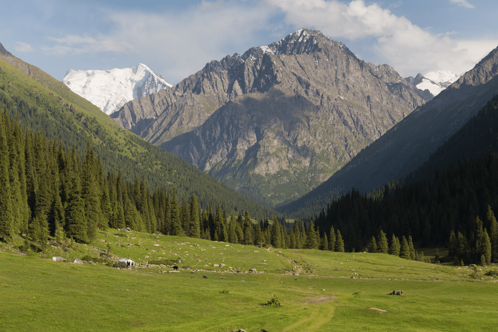 The remote Altyn-Arashan mountain valley reached by a rough 4x4 track from Karakol