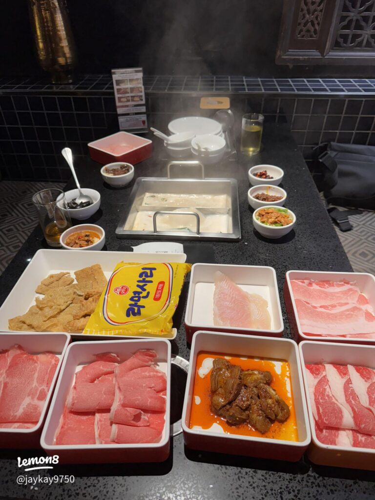 Trays of sliced meats and hotpot ingredients at Bao Jun Hot Pot near Mid Valley Southkey, Johor Bahru