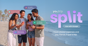 Four friends on a beach receiving split bill request notifications through the YouTrip Split app