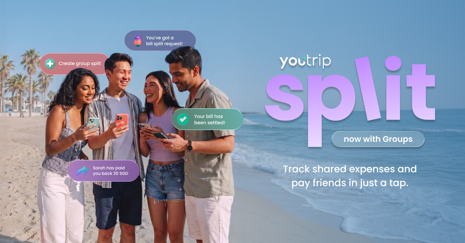 Four friends on a beach receiving split bill request notifications through the YouTrip Split app
