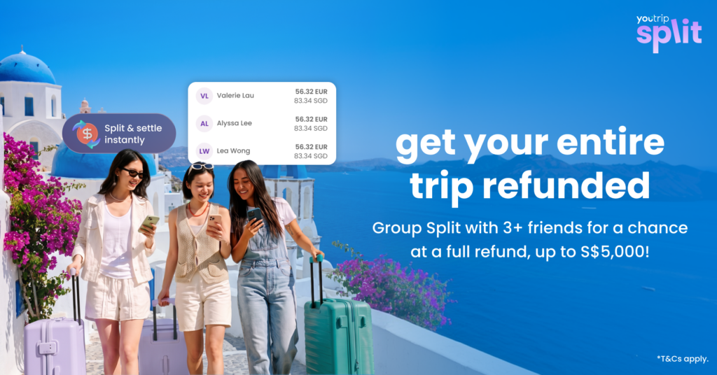 Three friends walking with luggage in Santorini, promo banner for a chance to win a full trip refund with YouTrip Split