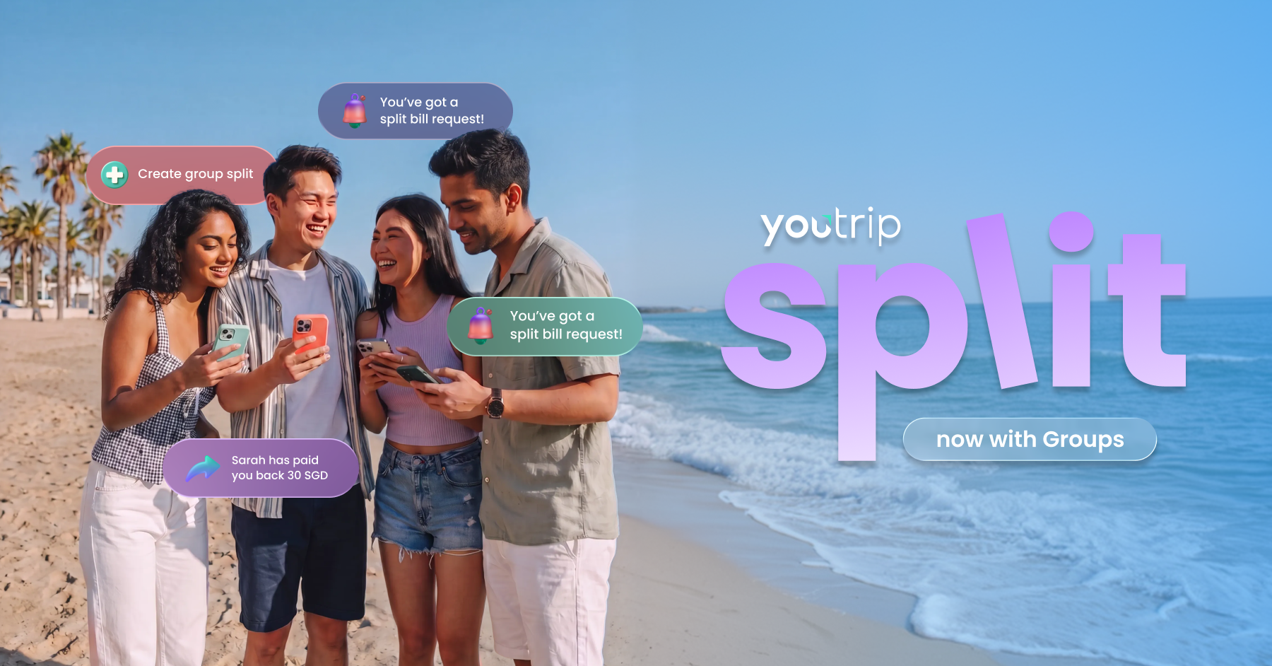 Four friends on a beach receiving split bill request notifications through the YouTrip Split app