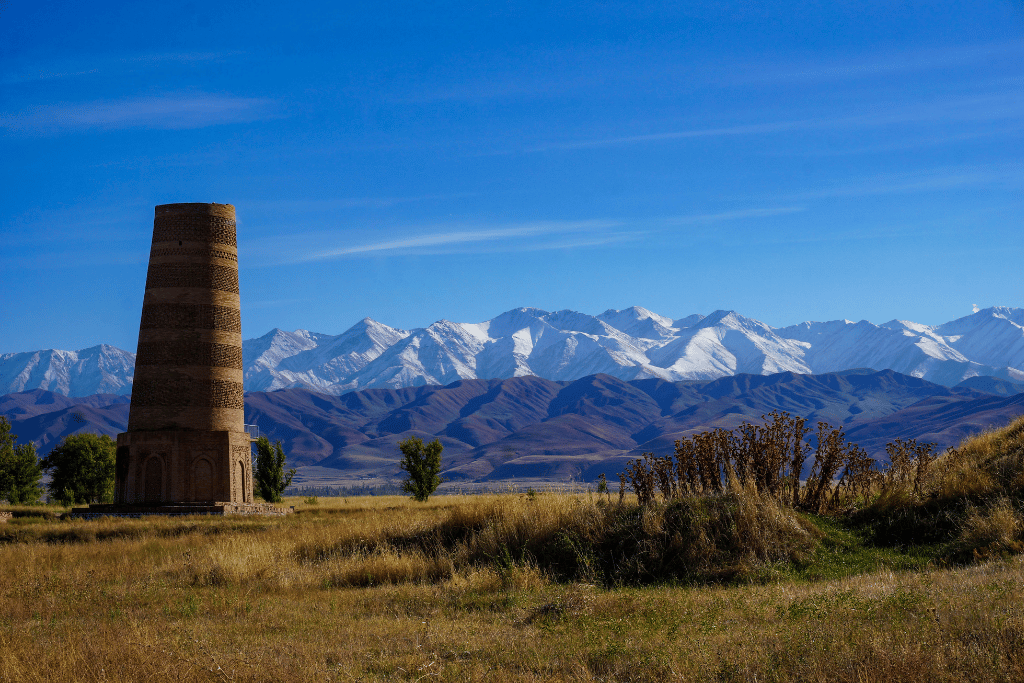 Burana Tower, an 11th-century brick minaret standing alone in open fields
