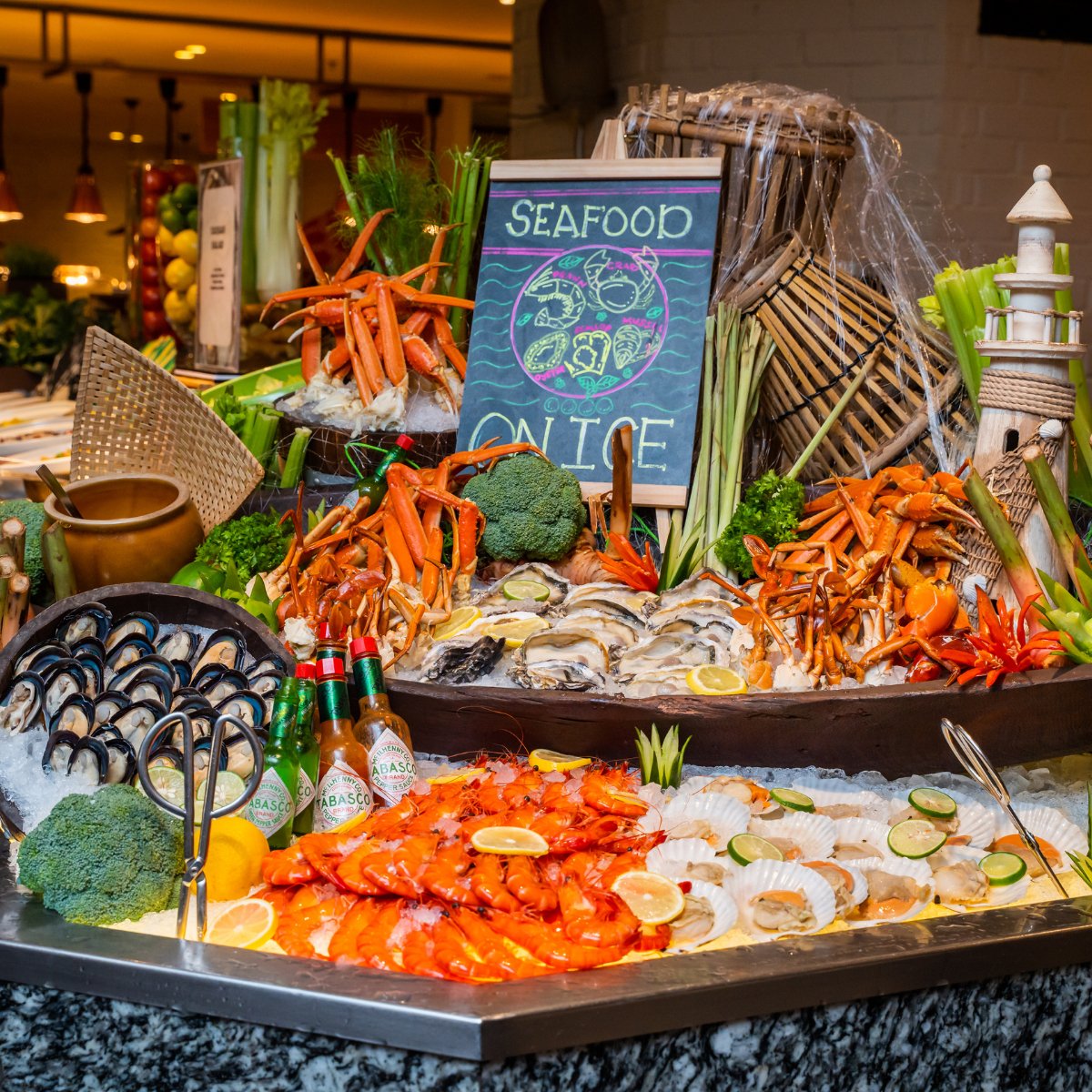Seafood-on-ice station with crab, oysters, and prawns at Café BLD, Renaissance Johor Bahru