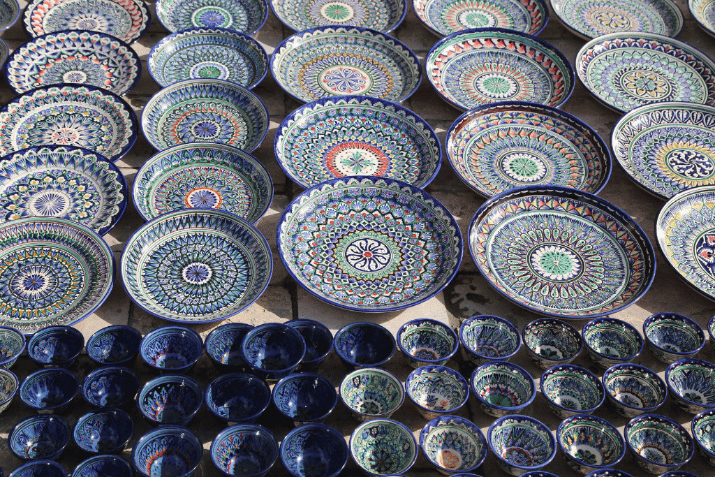 Blue-and-white glazed ceramic plates and bowls from Uzbekistan