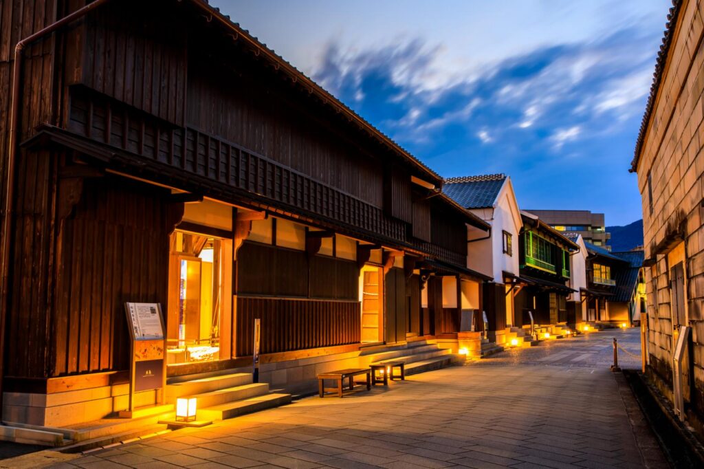 Reconstructed Dutch trading-post buildings on Dejima island in central Nagasaki