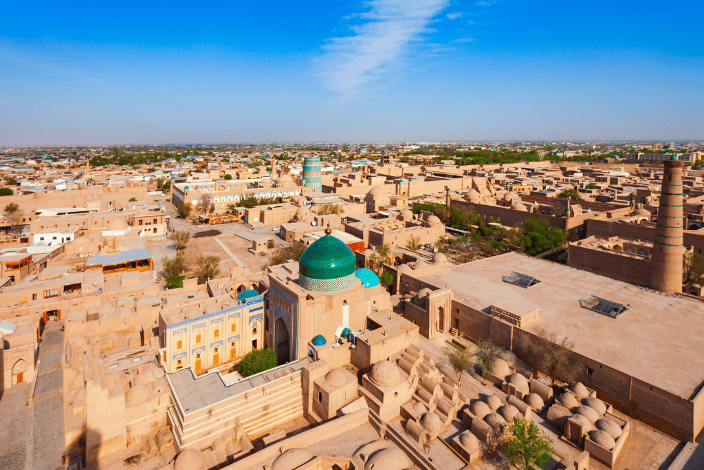 Mud-brick walls and minarets of Itchan Kala, the walled old city of Khiva