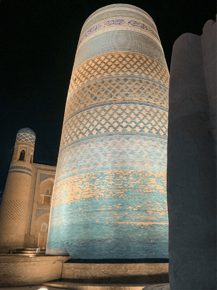 The short, wide, brilliantly tiled Kalta Minor Minaret in Khiva