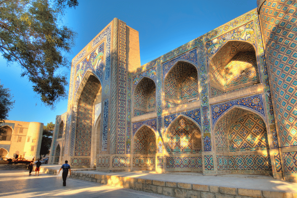 The 17th-century pool at Lyab-i Hauz in Bukhara ringed by mulberry trees and teahouses
