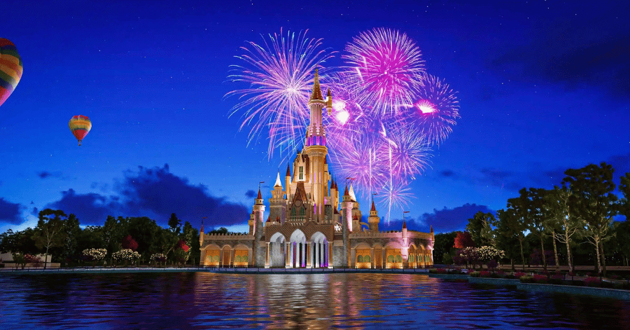 Castle centrepiece and rides at Magic City theme park in Tashkent