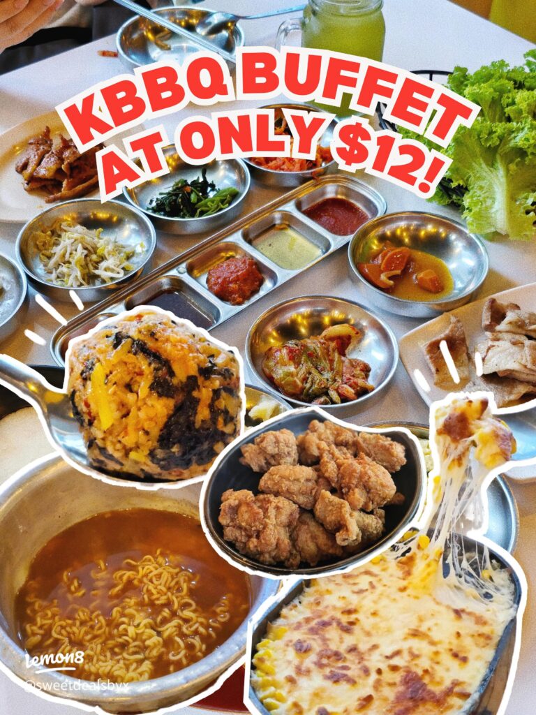 Banchan spread with rice balls, pork belly and stew at Myeong Dong Korean BBQ Buffet