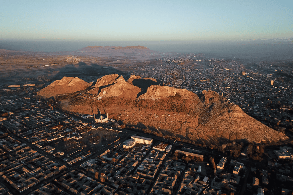 The city of Osh with Sulaiman-Too mountain rising in the background