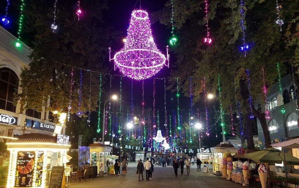 Pedestrian street lined with cafés on Sayilgoh Street, Tashkent's 'Broadway'