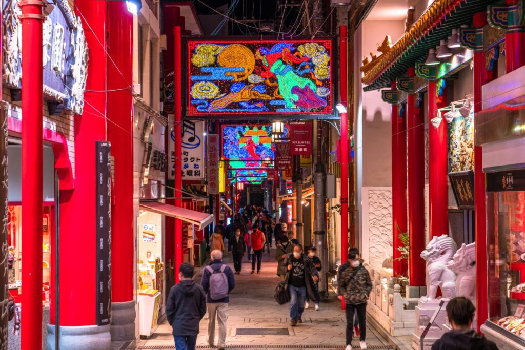 Lantern-strung shopfronts along one of Shinchi Chinatown's old trading streets