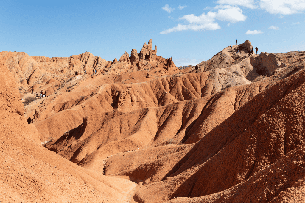 Wind-carved red rock formations at Skazka (Fairy Tale) Canyon