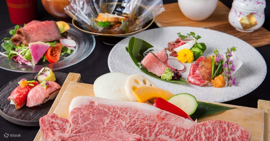 A halal teppanyaki course with raw and cooked Kobe beef, salad, and vegetables