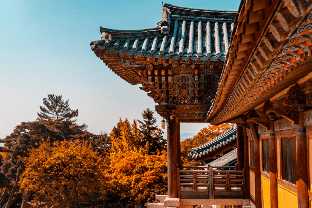 Curved tiled eaves and painted brackets of a Silla-era temple hall above golden autumn trees