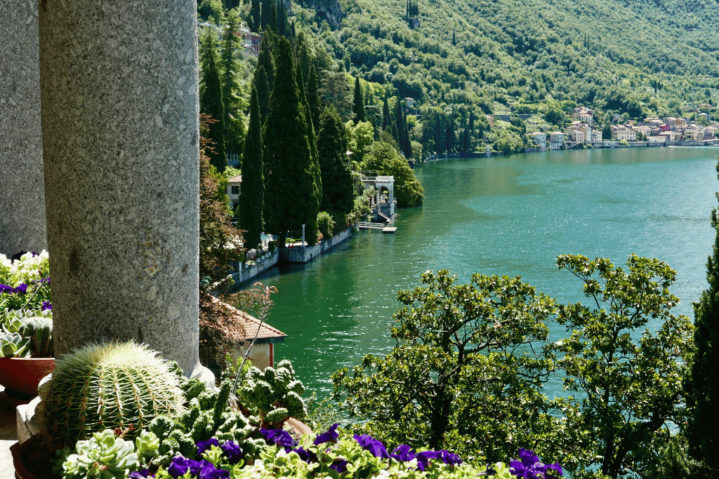 Villa balcony with cacti and flowers overlooking a Lake Como village