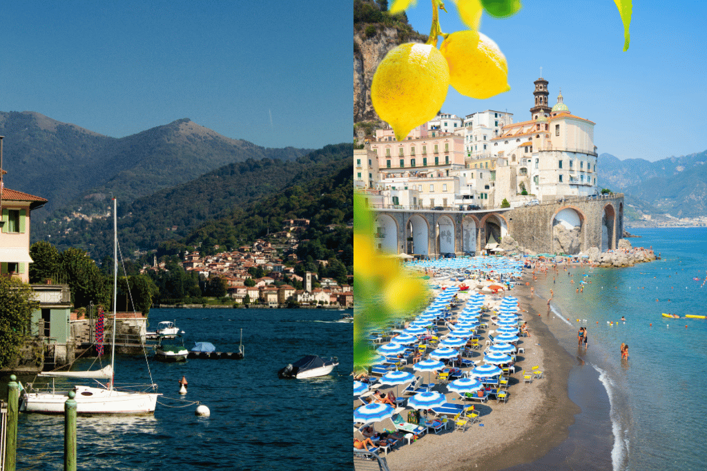 Split image comparing a calm Lake Como harbour with the crowded Amalfi Coast beach