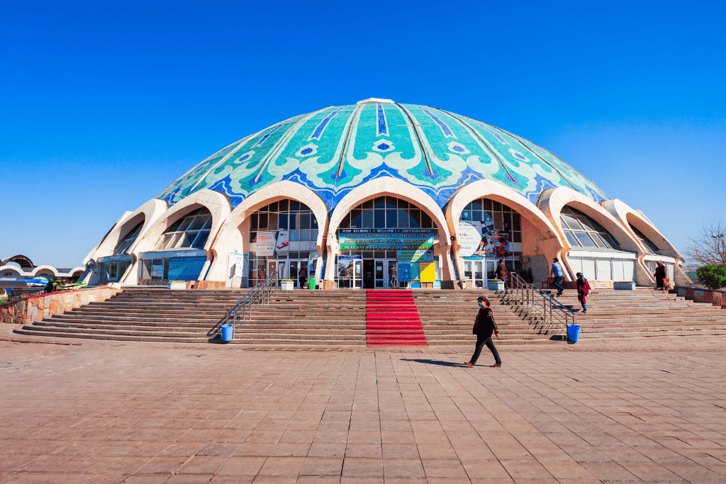 Exterior of Chorsu Bazaar's turquoise domed roof in Tashkent