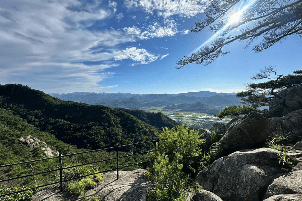 View from a rocky ridge on Namsan over pine slopes to the Gyeongju valley and distant mountains