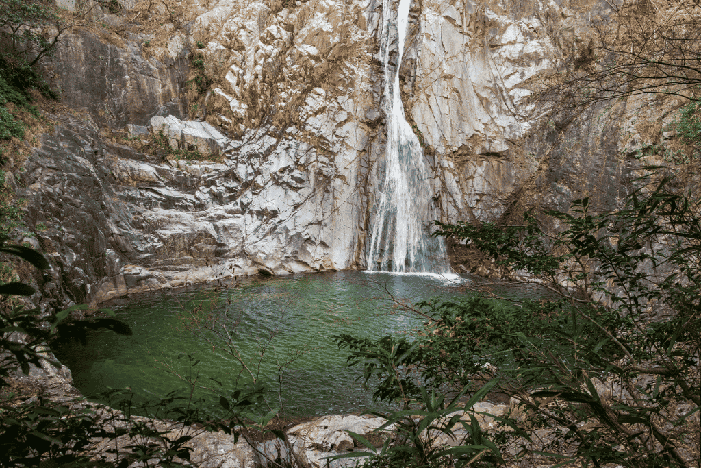 A tall waterfall cascading into a green pool surrounded by rock and forest