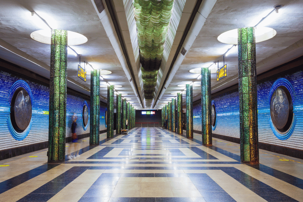Tashkent Metro's Kosmonavtlar station with green mosaic pillars and circular cosmonaut portraits