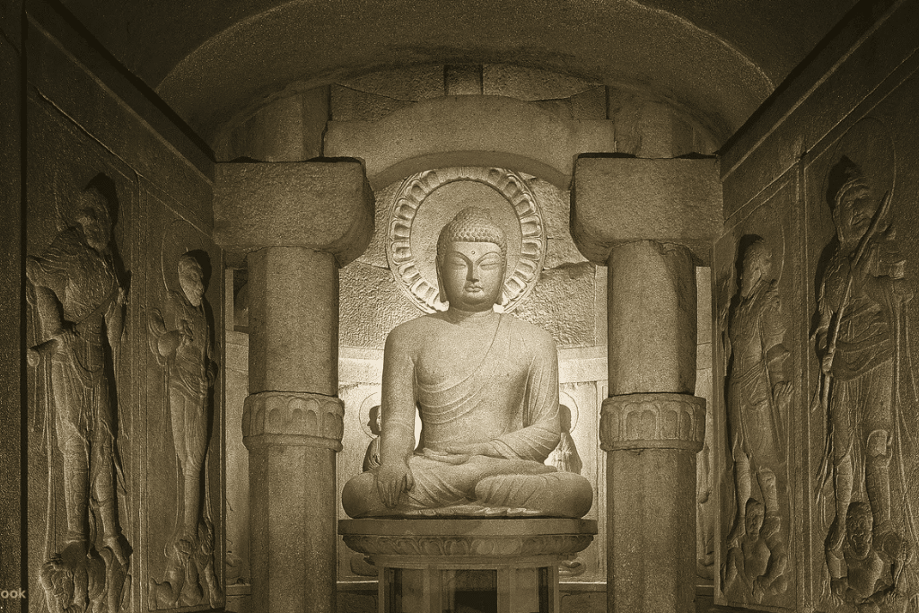 The granite Buddha of Seokguram Grotto seated under a domed ceiling, flanked by carved wall reliefs