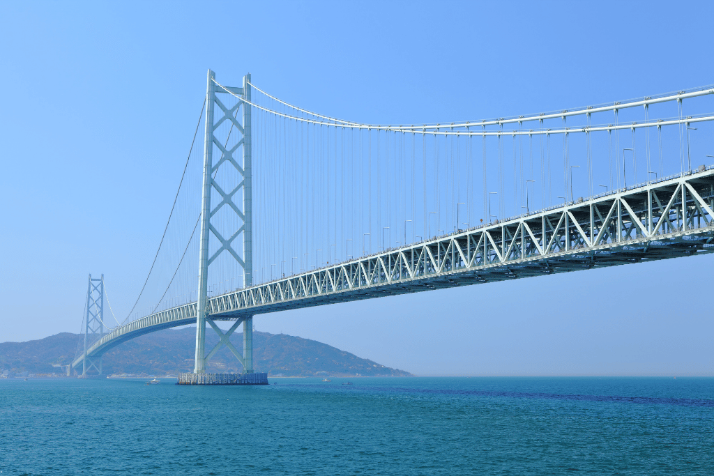 The Akashi Kaikyo suspension bridge spanning the strait between Kobe and Awaji Island