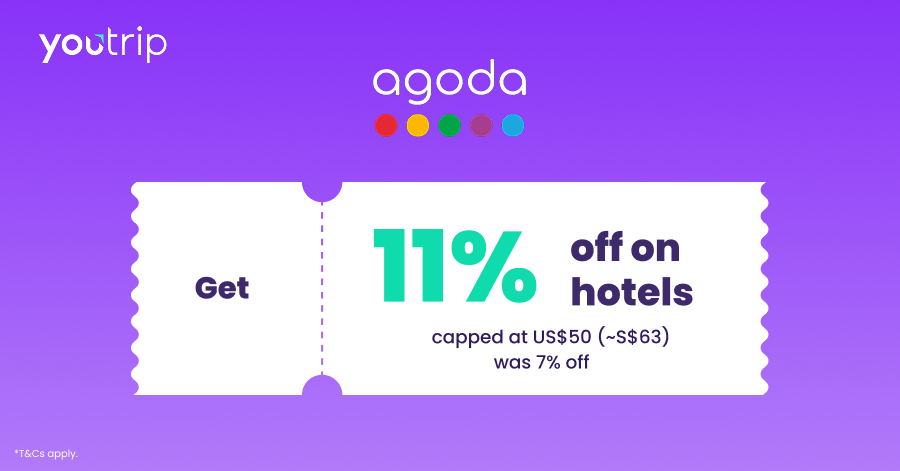 Agoda cashback offer via YouTrip Perks: 11% off hotels, capped at US$50